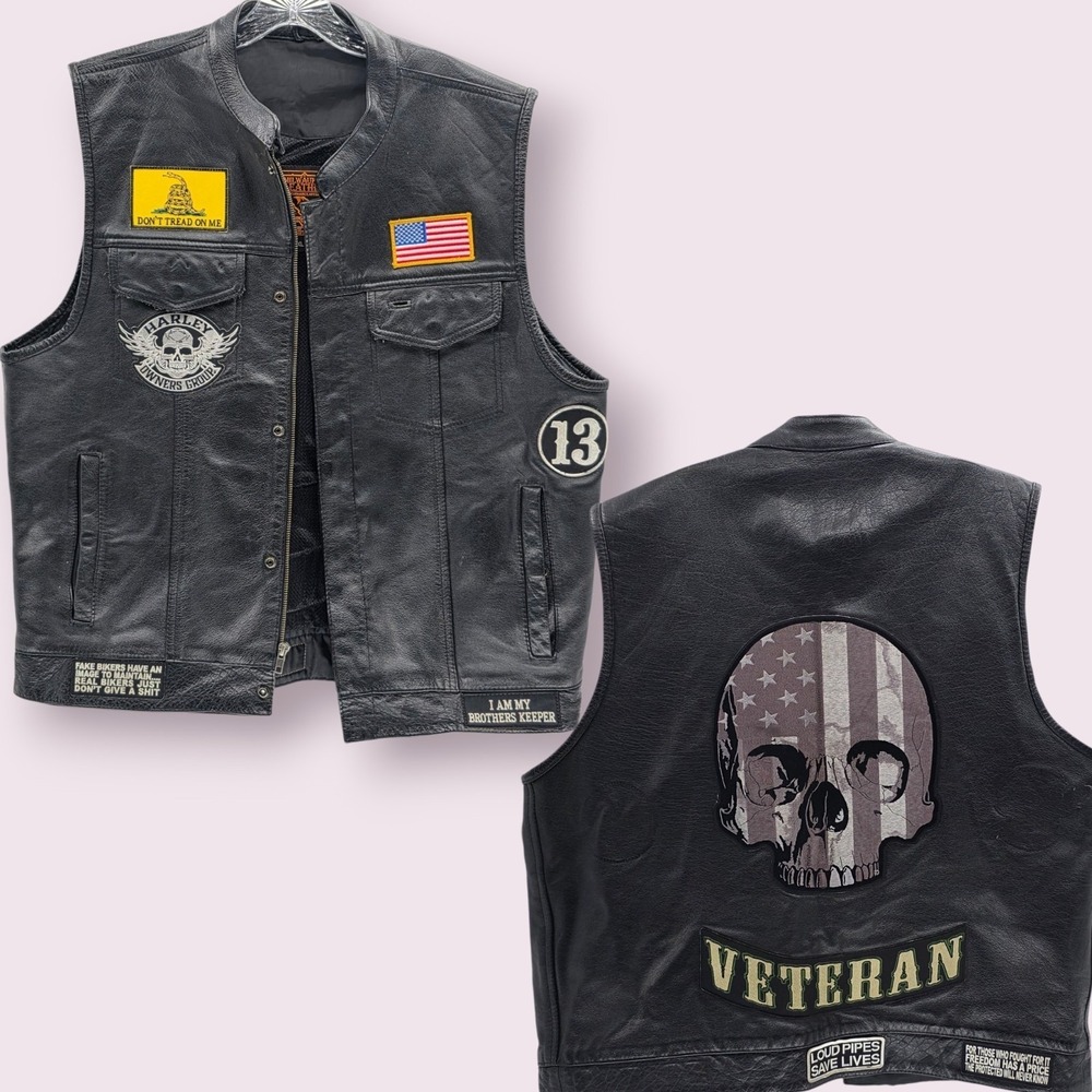 Milwaukee Leather Vest Mens 2XL Black Patches Harley Davidson Veteran Distressed